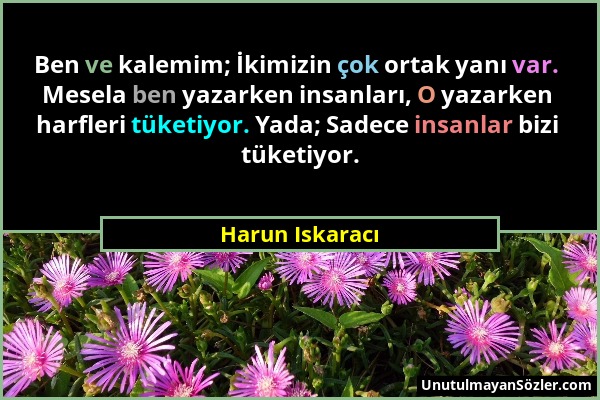 Harun Iskaracı - Ben ve kalemim; İkimizin çok ortak yanı var. Mesela ben yazarken insanları, O yazarken harfleri tüketiyor. Yada; Sadece insanlar bizi...