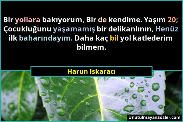 Harun Iskaracı - Bir yollara bakıyorum, Bir de kendime. Yaşım 20; Çocukluğunu yaşamamış bir delikanlının, Henüz ilk baharındayım. Daha kaç bil yol kat...