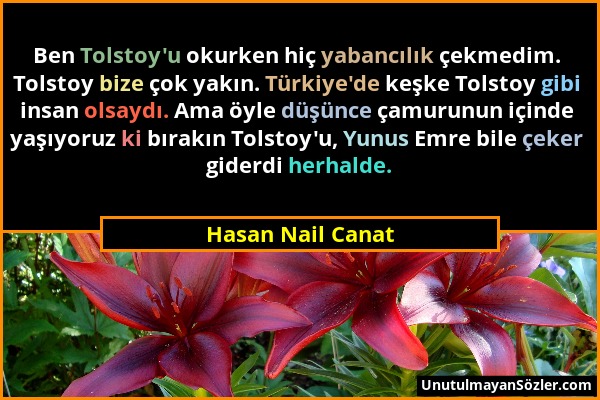 Hasan Nail Canat - Ben Tolstoy'u okurken hiç yabancılık çekmedim. Tolstoy bize çok yakın. Türkiye'de keşke Tolstoy gibi insan olsaydı. Ama öyle düşünc...