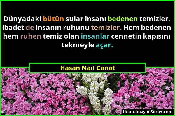 Hasan Nail Canat - Dünyadaki bütün sular insanı bedenen temizler, ibadet de insanın ruhunu temizler. Hem bedenen hem ruhen temiz olan insanlar cenneti...