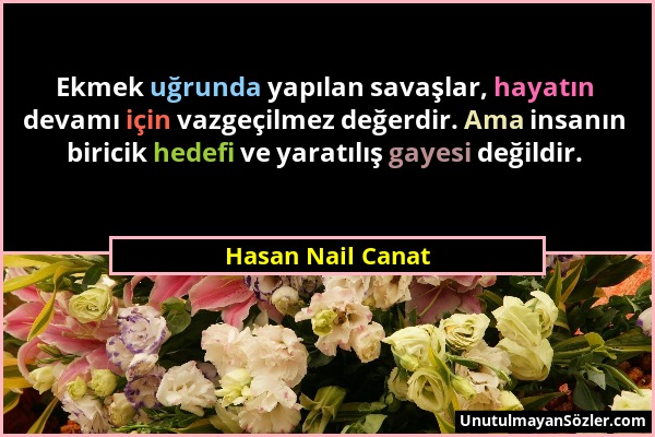 Hasan Nail Canat - Ekmek uğrunda yapılan savaşlar, hayatın devamı için vazgeçilmez değerdir. Ama insanın biricik hedefi ve yaratılış gayesi değildir....