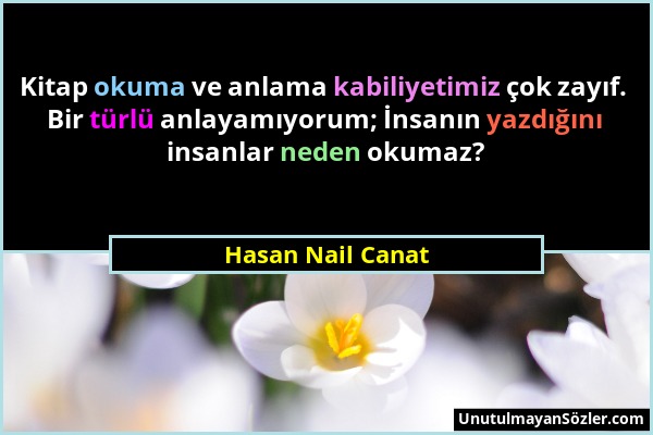 Hasan Nail Canat - Kitap okuma ve anlama kabiliyetimiz çok zayıf. Bir türlü anlayamıyorum; İnsanın yazdığını insanlar neden okumaz?...