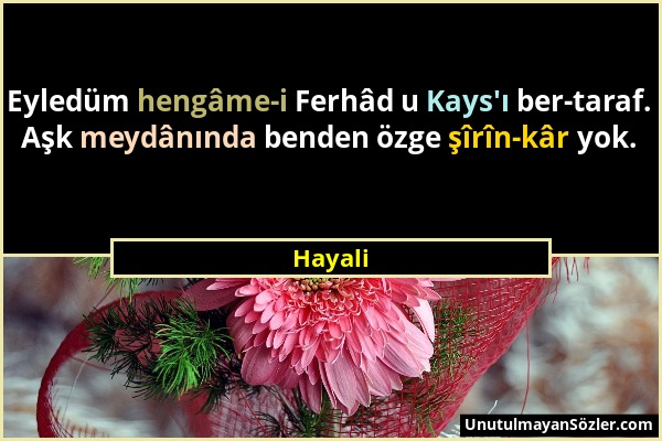 Hayali - Eyledüm hengâme-i Ferhâd u Kays'ı ber-taraf. Aşk meydânında benden özge şîrîn-kâr yok....