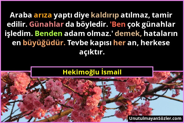 Hekimoğlu İsmail - Araba arıza yaptı diye kaldırıp atılmaz, tamir edilir. Günahlar da böyledir. 'Ben çok günahlar işledim. Benden adam olmaz.' demek,...