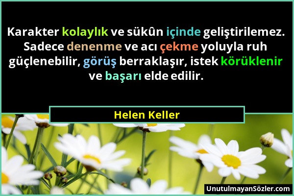 Helen Keller - Karakter kolaylık ve sükûn içinde geliştirilemez. Sadece denenme ve acı çekme yoluyla ruh güçlenebilir, görüş berraklaşır, istek körükl...