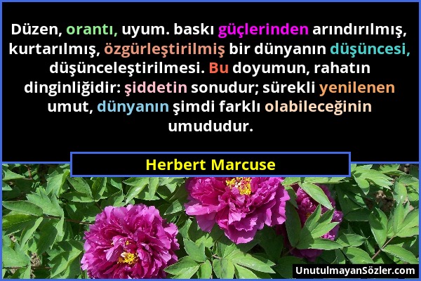 Herbert Marcuse - Düzen, orantı, uyum. baskı güçlerinden arındırılmış, kurtarılmış, özgürleştirilmiş bir dünyanın düşüncesi, düşünceleştirilmesi. Bu d...