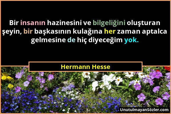 Hermann Hesse - Bir insanın hazinesini ve bilgeliğini oluşturan şeyin, bir başkasının kulağına her zaman aptalca gelmesine de hiç diyeceğim yok....