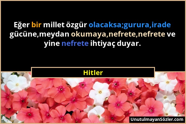 Hitler - Eğer bir millet özgür olacaksa;gurura,irade gücüne,meydan okumaya,nefrete,nefrete ve yine nefrete ihtiyaç duyar....