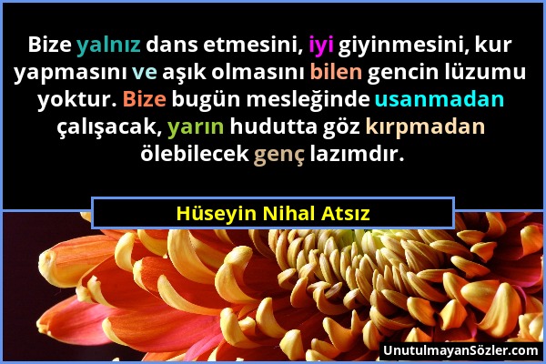 Hüseyin Nihal Atsız - Bize yalnız dans etmesini, iyi giyinmesini, kur yapmasını ve aşık olmasını bilen gencin lüzumu yoktur. Bize bugün mesleğinde usa...