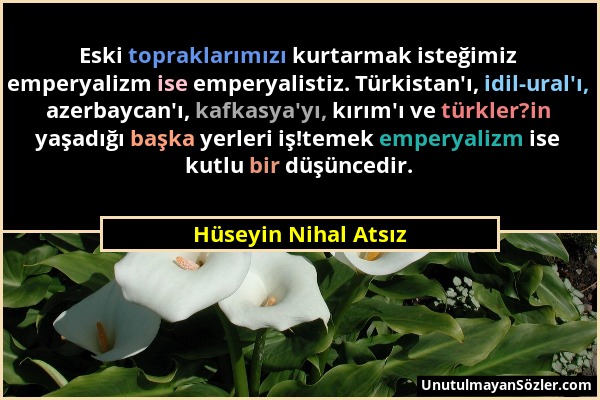 Hüseyin Nihal Atsız - Eski topraklarımızı kurtarmak isteğimiz emperyalizm ise emperyalistiz. Türkistan'ı, idil-ural'ı, azerbaycan'ı, kafkasya'yı, kırı...