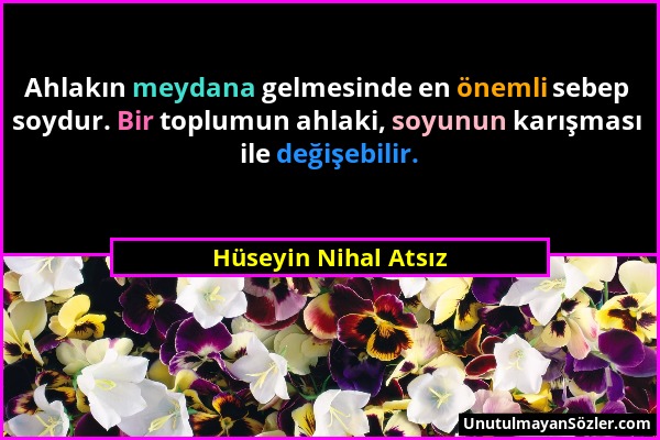 Hüseyin Nihal Atsız - Ahlakın meydana gelmesinde en önemli sebep soydur. Bir toplumun ahlaki, soyunun karışması ile değişebilir....