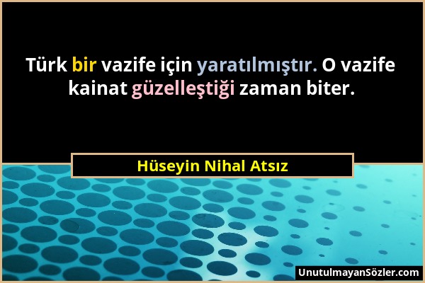Hüseyin Nihal Atsız - Türk bir vazife için yaratılmıştır. O vazife kainat güzelleştiği zaman biter....