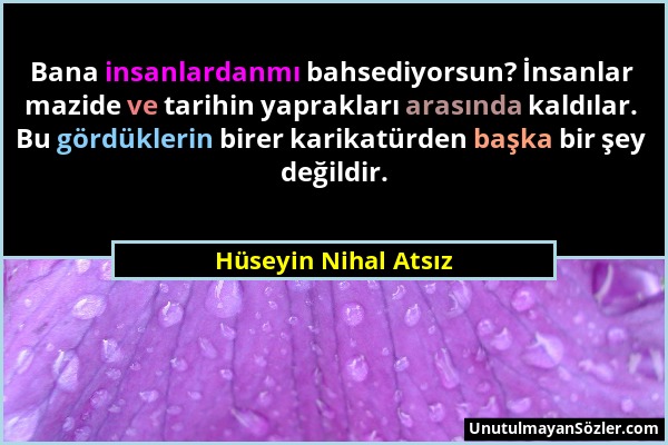 Hüseyin Nihal Atsız - Bana insanlardanmı bahsediyorsun? İnsanlar mazide ve tarihin yaprakları arasında kaldılar. Bu gördüklerin birer karikatürden baş...