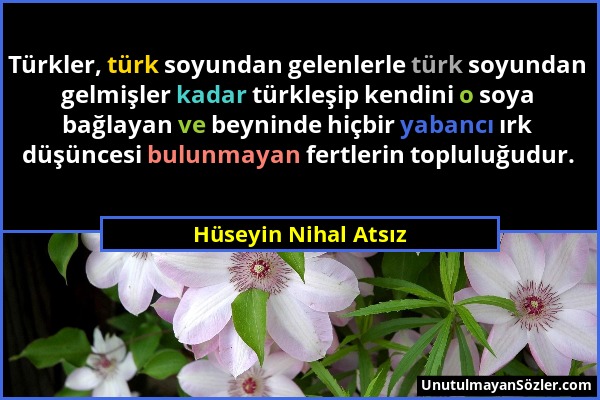 Hüseyin Nihal Atsız - Türkler, türk soyundan gelenlerle türk soyundan gelmişler kadar türkleşip kendini o soya bağlayan ve beyninde hiçbir yabancı ırk...