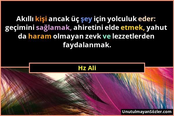 Hz Ali - Akıllı kişi ancak üç şey için yolculuk eder: geçimini sağlamak, ahiretini elde etmek, yahut da haram olmayan zevk ve lezzetlerden faydalanmak...