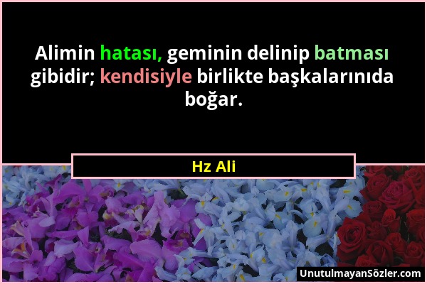 Hz Ali - Alimin hatası, geminin delinip batması gibidir; kendisiyle birlikte başkalarınıda boğar....