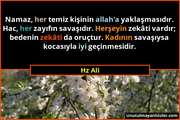 Hz Ali - Namaz, her temiz kişinin allah'a yaklaşmasıdır. Hac, her zayıfın savaşıdır. Herşeyin zekâti vardır; bedenin zekâti da oruçtur. Kadının savaşı...