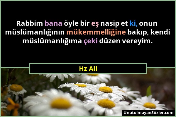 Hz Ali - Rabbim bana öyle bir eş nasip et ki, onun müslümanlığının mükemmelliğine bakıp, kendi müslümanlığıma çeki düzen vereyim....