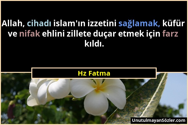 Hz Fatma - Allah, cihadı islam'ın izzetini sağlamak, küfür ve nifak ehlini zillete duçar etmek için farz kıldı....