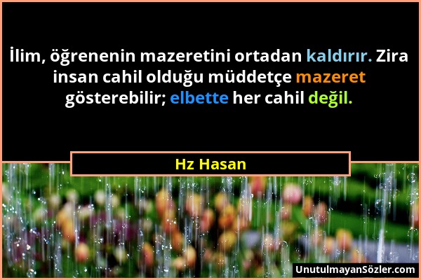 Hz Hasan - İlim, öğrenenin mazeretini ortadan kaldırır. Zira insan cahil olduğu müddetçe mazeret gösterebilir; elbette her cahil değil....