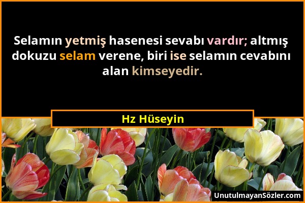 Hz Hüseyin - Selamın yetmiş hasenesi sevabı vardır; altmış dokuzu selam verene, biri ise selamın cevabını alan kimseyedir....