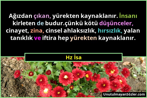 Hz İsa - Ağızdan çıkan, yürekten kaynaklanır. İnsanı kirleten de budur.çünkü kötü düşünceler, cinayet, zina, cinsel ahlaksızlık, hırsızlık, yalan tanı...