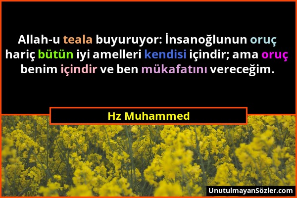 Hz Muhammed - Allah-u teala buyuruyor: İnsanoğlunun oruç hariç bütün iyi amelleri kendisi içindir; ama oruç benim içindir ve ben mükafatını vereceğim....