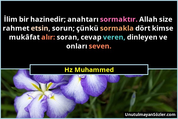 Hz Muhammed - İlim bir hazinedir; anahtarı sormaktır. Allah size rahmet etsin, sorun; çünkü sormakla dört kimse mukâfat alır: soran, cevap veren, dinl...