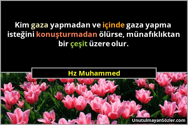 Hz Muhammed - Kim gaza yapmadan ve içinde gaza yapma isteğini konuşturmadan ölürse, münafıklıktan bir çeşit üzere olur....
