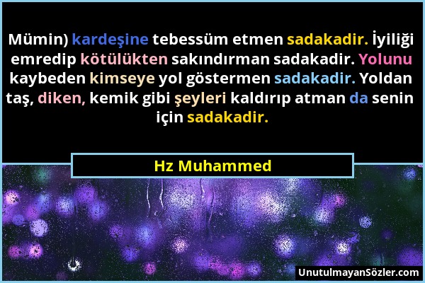 Hz Muhammed - Mümin) kardeşine tebessüm etmen sadakadir. İyiliği emredip kötülükten sakındırman sadakadir. Yolunu kaybeden kimseye yol göstermen sadak...