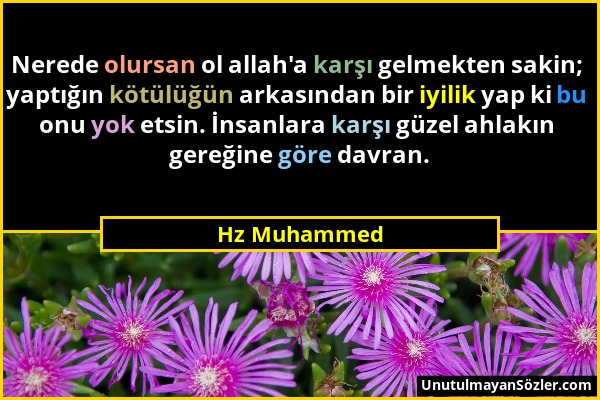 Hz Muhammed - Nerede olursan ol allah'a karşı gelmekten sakin; yaptığın kötülüğün arkasından bir iyilik yap ki bu onu yok etsin. İnsanlara karşı güzel...