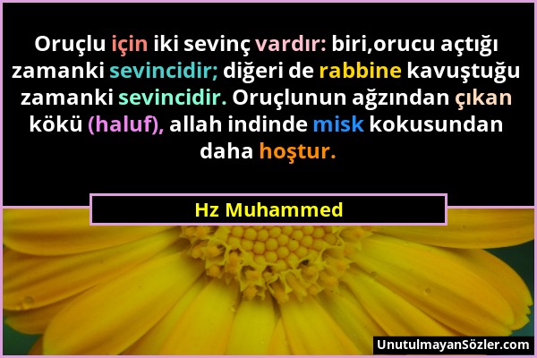Hz Muhammed - Oruçlu için iki sevinç vardır: biri,orucu açtığı zamanki sevincidir; diğeri de rabbine kavuştuğu zamanki sevincidir. Oruçlunun ağzından...