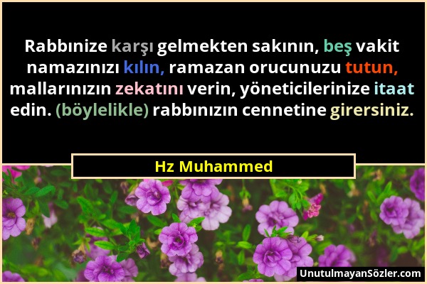 Hz Muhammed - Rabbınize karşı gelmekten sakının, beş vakit namazınızı kılın, ramazan orucunuzu tutun, mallarınızın zekatını verin, yöneticilerinize it...