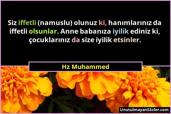 Hz Muhammed - Siz iffetli (namuslu) olunuz ki, hanımlarınız da iffetli olsunlar. Anne babanıza iyilik ediniz ki, çocuklarınız da size iyilik etsinler....
