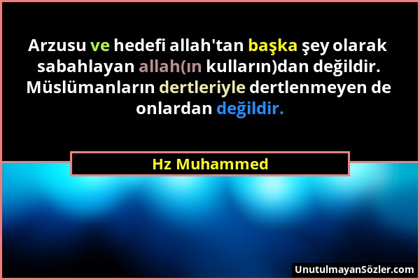 Hz Muhammed - Arzusu ve hedefi allah'tan başka şey olarak sabahlayan allah(ın kulların)dan değildir. Müslümanların dertleriyle dertlenmeyen de onlarda...
