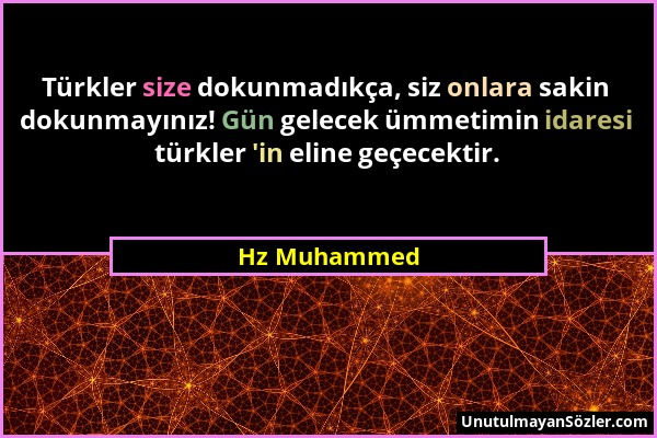 Hz Muhammed - Türkler size dokunmadıkça, siz onlara sakin dokunmayınız! Gün gelecek ümmetimin idaresi türkler 'in eline geçecektir....