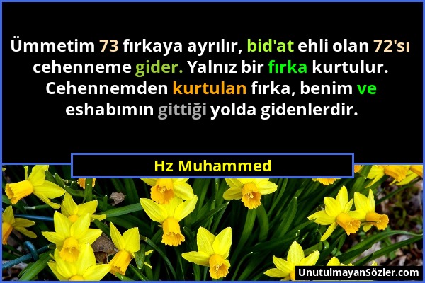 Hz Muhammed - Ümmetim 73 fırkaya ayrılır, bid'at ehli olan 72'sı cehenneme gider. Yalnız bir fırka kurtulur. Cehennemden kurtulan fırka, benim ve esha...