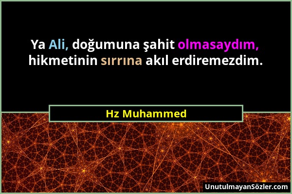 Hz Muhammed - Ya Ali, doğumuna şahit olmasaydım, hikmetinin sırrına akıl erdiremezdim....