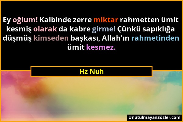 Hz Nuh - Ey oğlum! Kalbinde zerre miktar rahmetten ümit kesmiş olarak da kabre girme! Çünkü sapıklığa düşmüş kimseden başkası, Allah'ın rahmetinden üm...