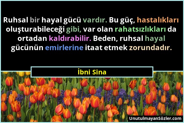 İbni Sina - Ruhsal bir hayal gücü vardır. Bu güç, hastalıkları oluşturabileceği gibi, var olan rahatsızlıkları da ortadan kaldırabilir. Beden, ruhsal...