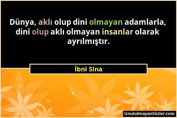 İbni Sina - Dünya, aklı olup dini olmayan adamlarla, dini olup aklı olmayan insanlar olarak ayrılmıştır....