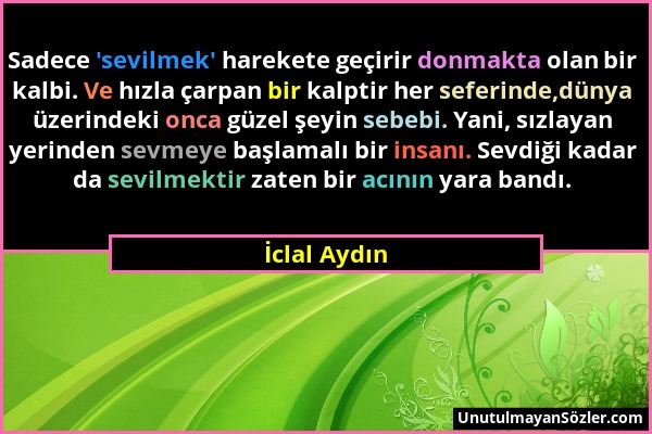 İclal Aydın - Sadece 'sevilmek' harekete geçirir donmakta olan bir kalbi. Ve hızla çarpan bir kalptir her seferinde,dünya üzerindeki onca güzel şeyin...