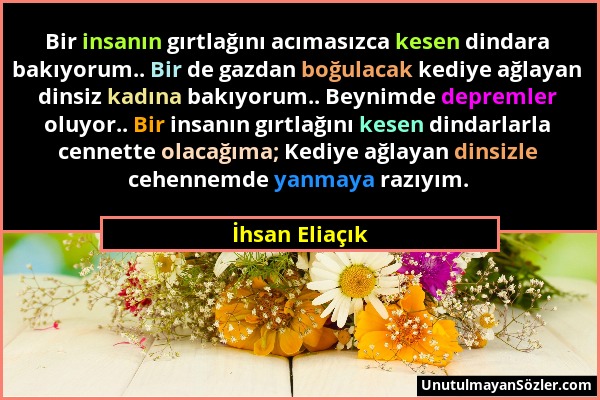 İhsan Eliaçık - Bir insanın gırtlağını acımasızca kesen dindara bakıyorum.. Bir de gazdan boğulacak kediye ağlayan dinsiz kadına bakıyorum.. Beynimde...