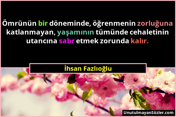 İhsan Fazlıoğlu - Ömrünün bir döneminde, öğrenmenin zorluğuna katlanmayan, yaşamının tümünde cehaletinin utancına sabr etmek zorunda kalır....