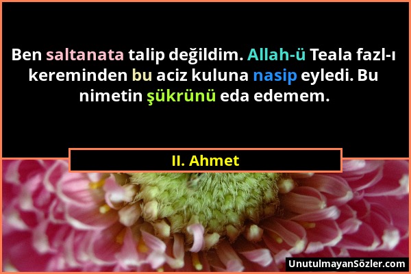 II. Ahmet - Ben saltanata talip değildim. Allah-ü Teala fazl-ı kereminden bu aciz kuluna nasip eyledi. Bu nimetin şükrünü eda edemem....