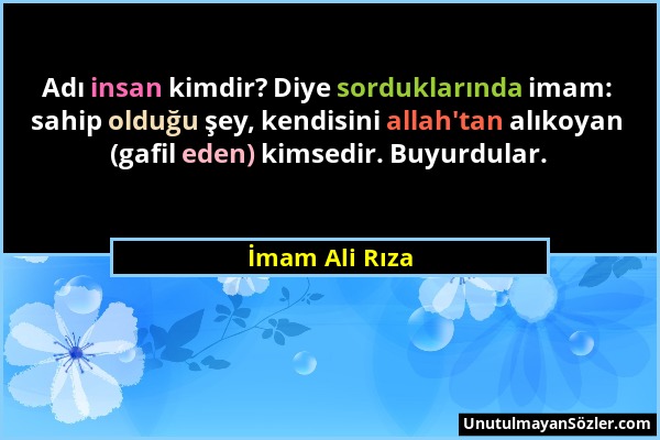 İmam Ali Rıza - Adı insan kimdir? Diye sorduklarında imam: sahip olduğu şey, kendisini allah'tan alıkoyan (gafil eden) kimsedir. Buyurdular....