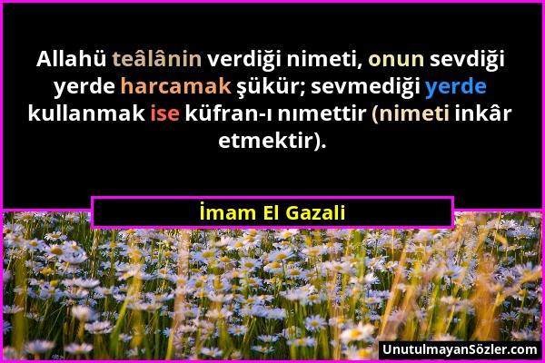 İmam El Gazali - Allahü teâlânin verdiği nimeti, onun sevdiği yerde harcamak şükür; sevmediği yerde kullanmak ise küfran-ı nımettir (nimeti inkâr etme...