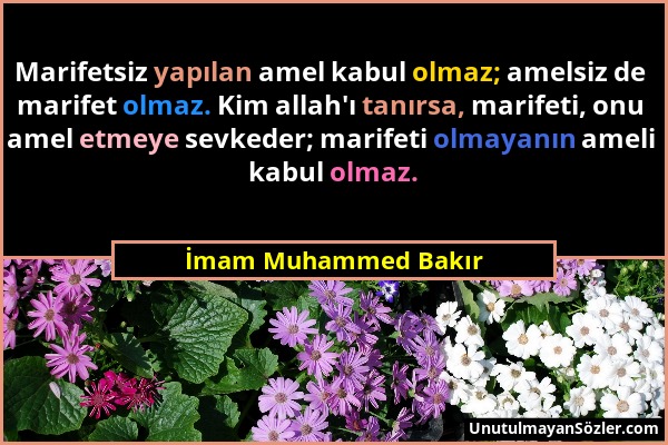 İmam Muhammed Bakır - Marifetsiz yapılan amel kabul olmaz; amelsiz de marifet olmaz. Kim allah'ı tanırsa, marifeti, onu amel etmeye sevkeder; marifeti...