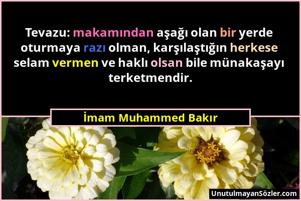 İmam Muhammed Bakır - Tevazu: makamından aşağı olan bir yerde oturmaya razı olman, karşılaştığın herkese selam vermen ve haklı olsan bile münakaşayı t...