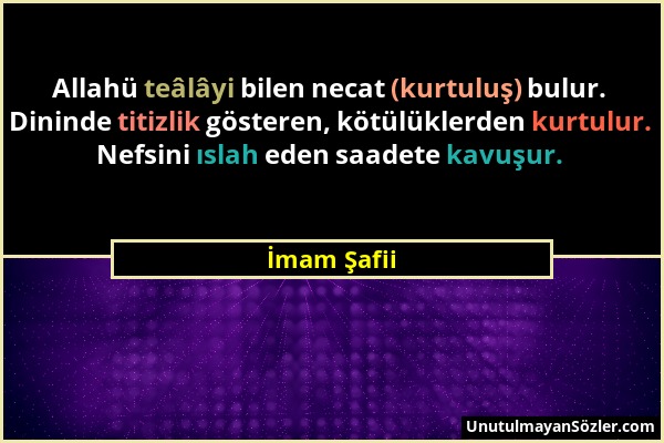 İmam Şafii - Allahü teâlâyi bilen necat (kurtuluş) bulur. Dininde titizlik gösteren, kötülüklerden kurtulur. Nefsini ıslah eden saadete kavuşur....